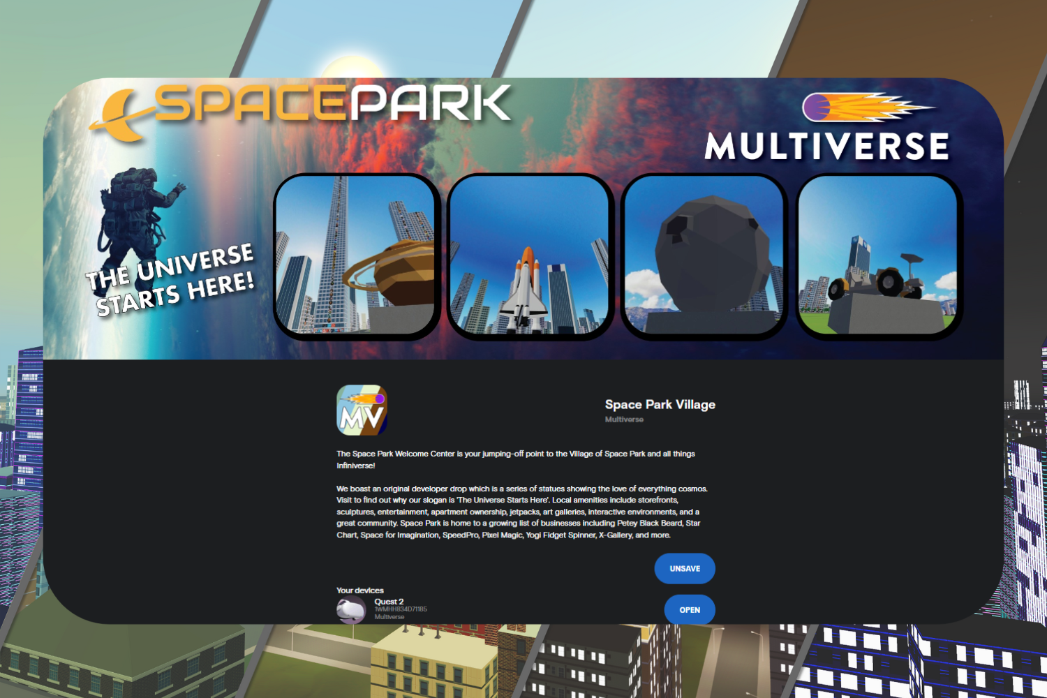 Promotional graphic for "Space Park Multiverse" featuring a futuristic cityscape, astronaut silhouette, rocket launching, asteroid, and rover. Includes text: "The Universe Starts Here!" and information about Space Park Village with interactive content and amenities.