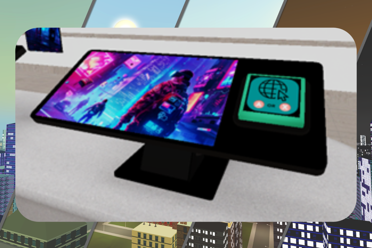 Monitor displaying a colorful cyberpunk scene with urban graphics and a figure in futuristic attire, placed on a desk with a control panel featuring a globe icon.
