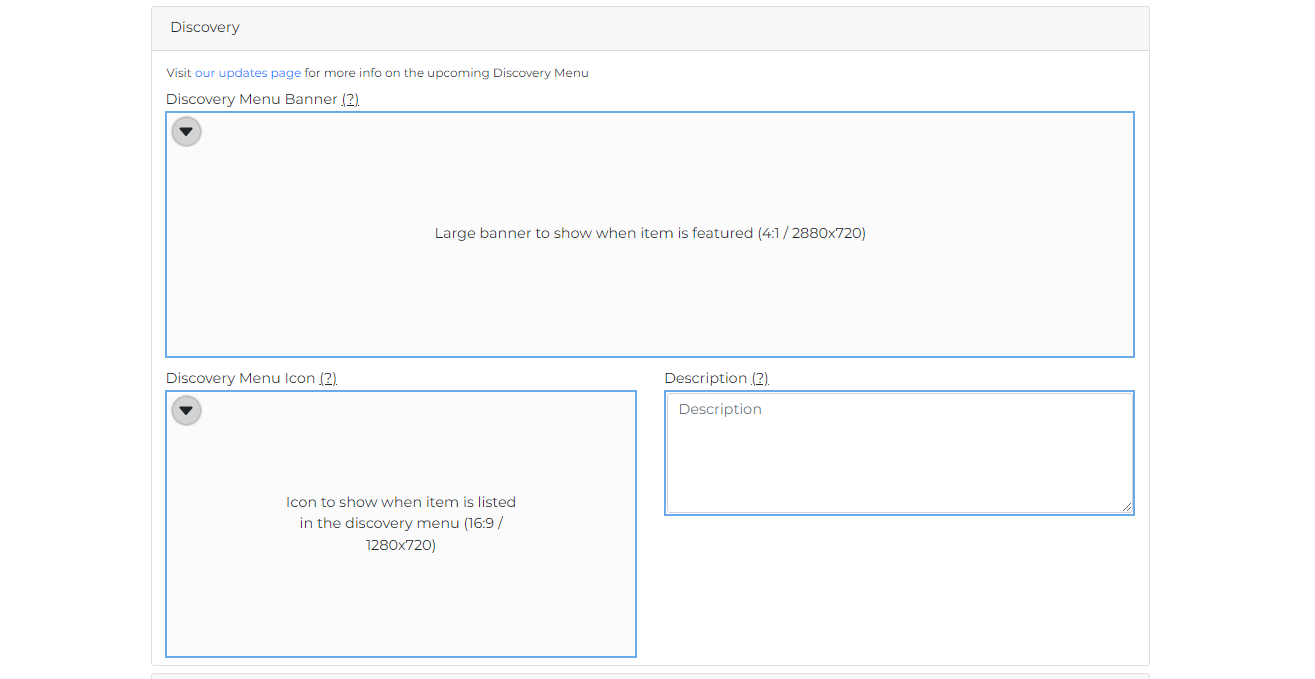 Screenshot of a web page section titled 'Discovery' featuring input fields for 'Discovery Menu Banner' and 'Discovery Menu Icon' with corresponding size specifications and a 'Description' text box.