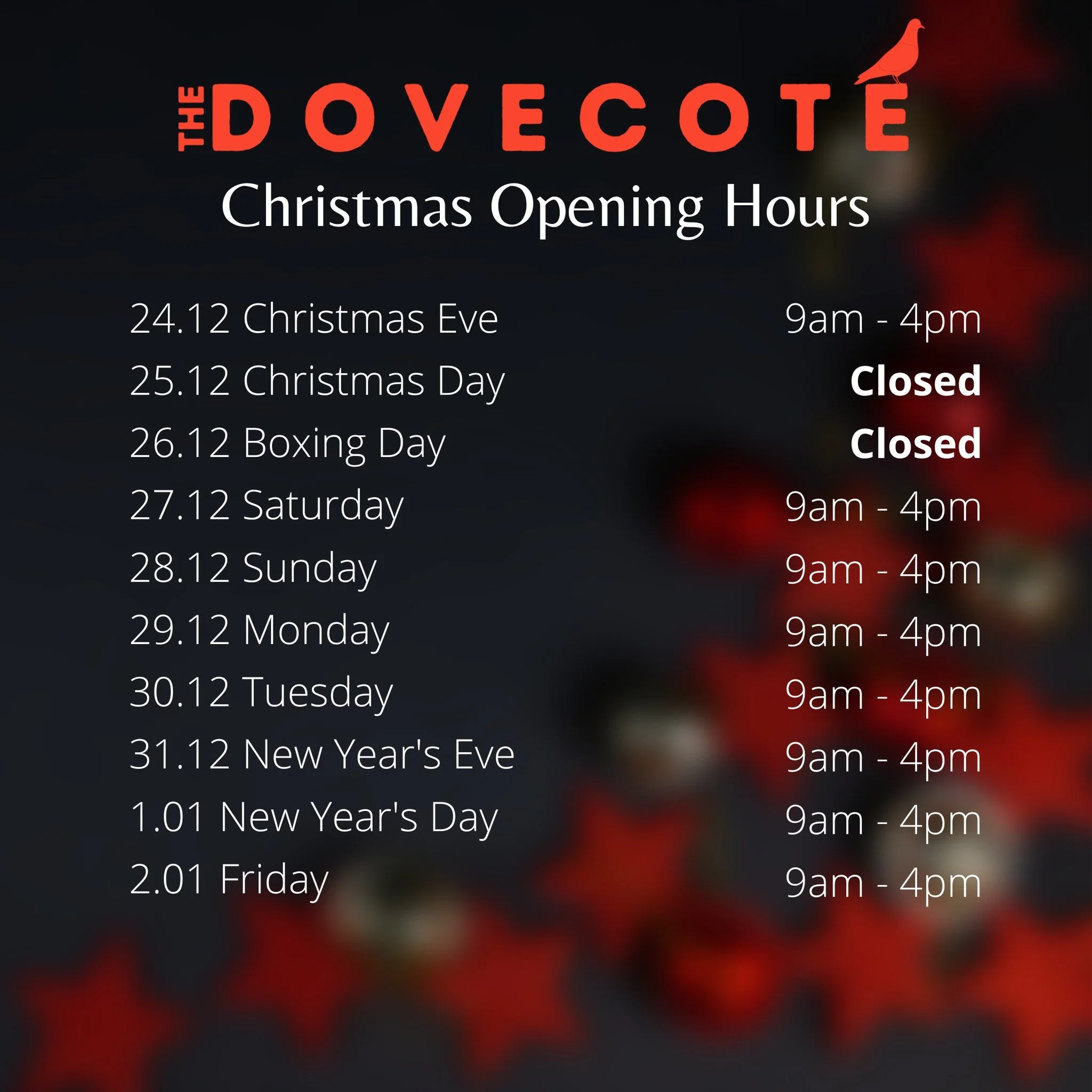 Just wanted to drop in our festive season opening hours! 

Please note that we are open for those of you on New Years Day, who either, need a solid breakfast to soak up the previous nights antics...or because you can't face stepping into the kitchen 