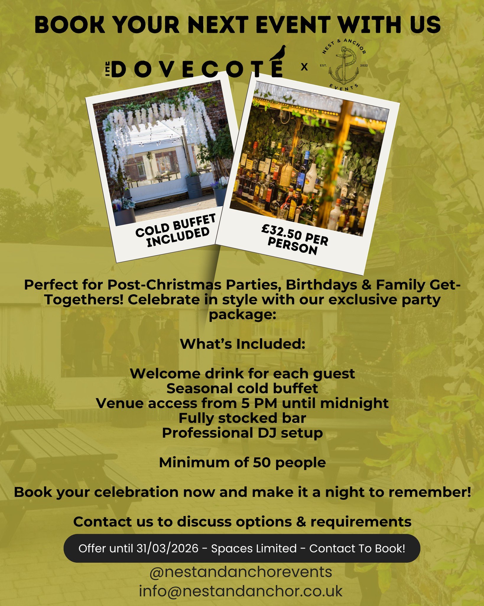 Perfect for Post-Christmas Parties, Birthdays and Family Get-Togethers
Give your next celebration a proper upgrade with our exclusive party package.

What&rsquo;s Included:

&bull; Welcome drink for every guest
&bull; Seasonal cold buffet
&bull; Venu