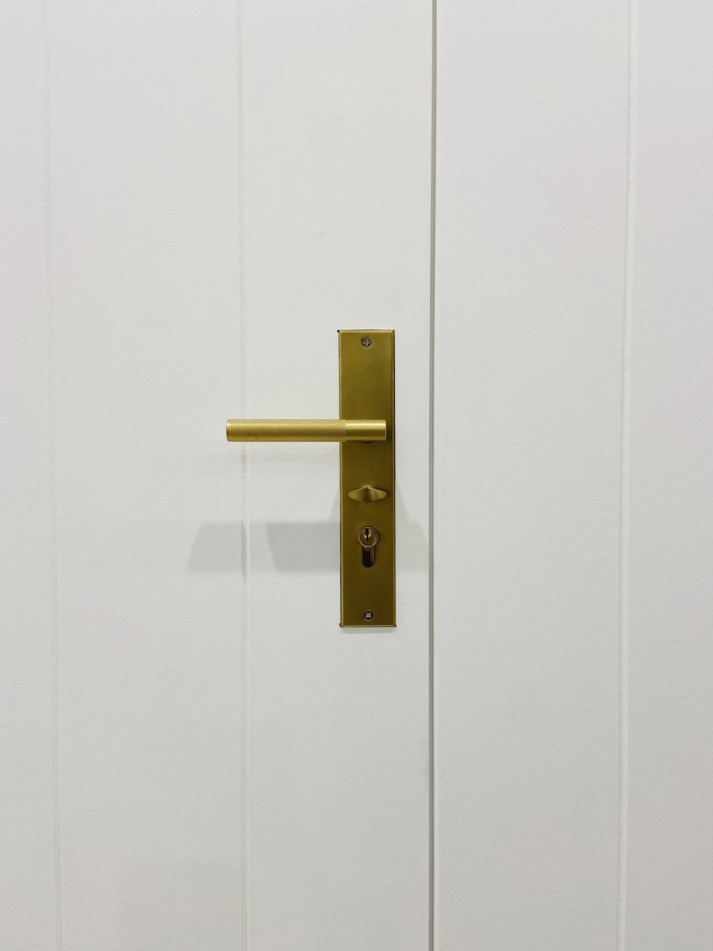 White door with a gold-colored door handle and lock.