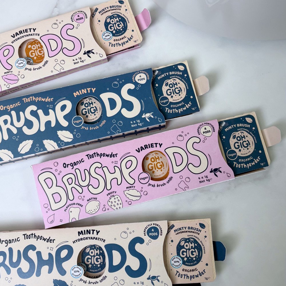 ohGiGi® BrushPods are perfectly portioned, mineral-rich toothpowder pods in 100% compostable plant fibre, making brushing simple, clean and convenient wherever you go.