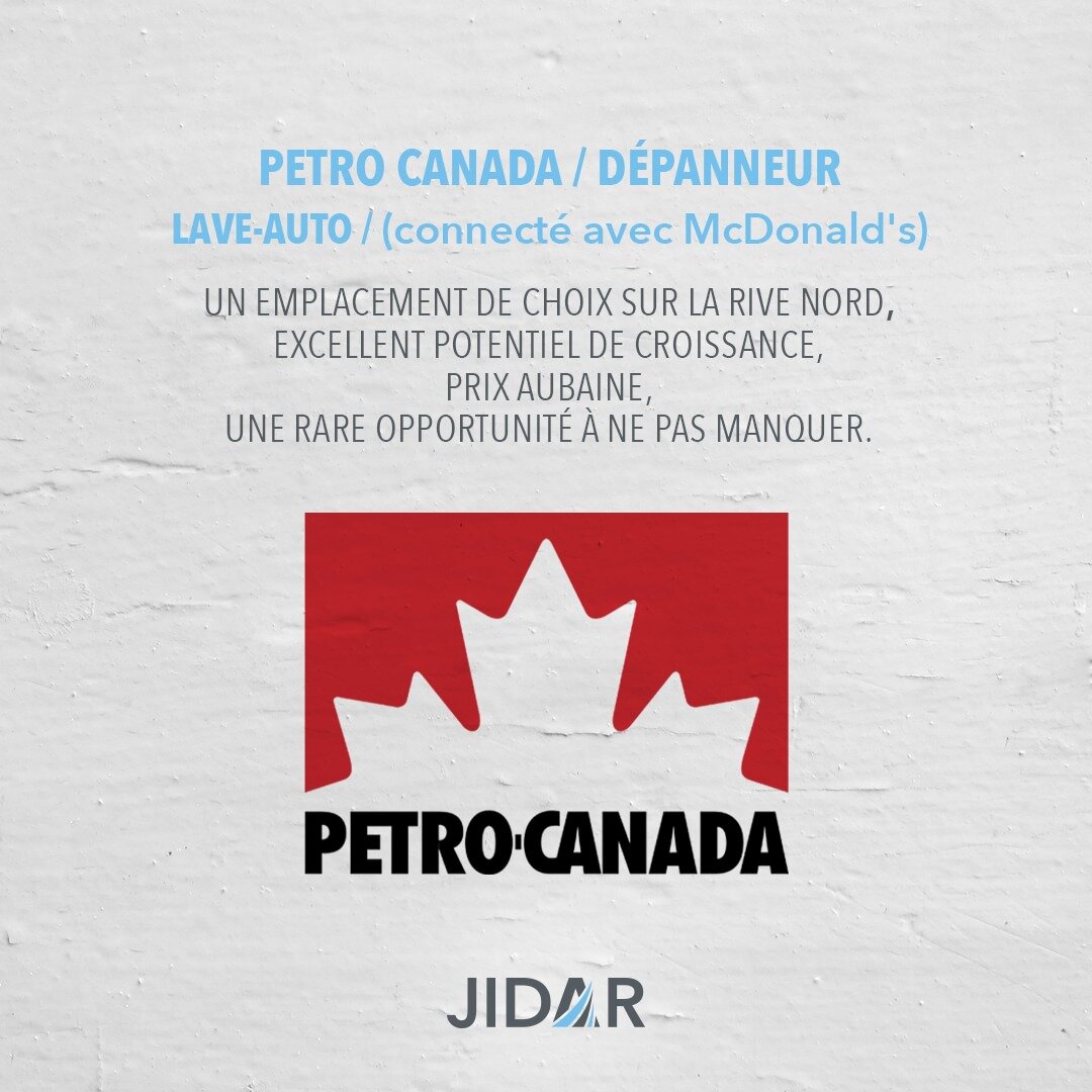 Petro Canada / D&eacute;panneur (connect&eacute; avec McDonald's) / Lave-auto

- Un emplacement de choix sur la Rive Nord
- Excellent potentiel de croissance
- Prix Aubaine
- Une rare opportunit&eacute; &agrave; ne pas manquer

#business #opportunity