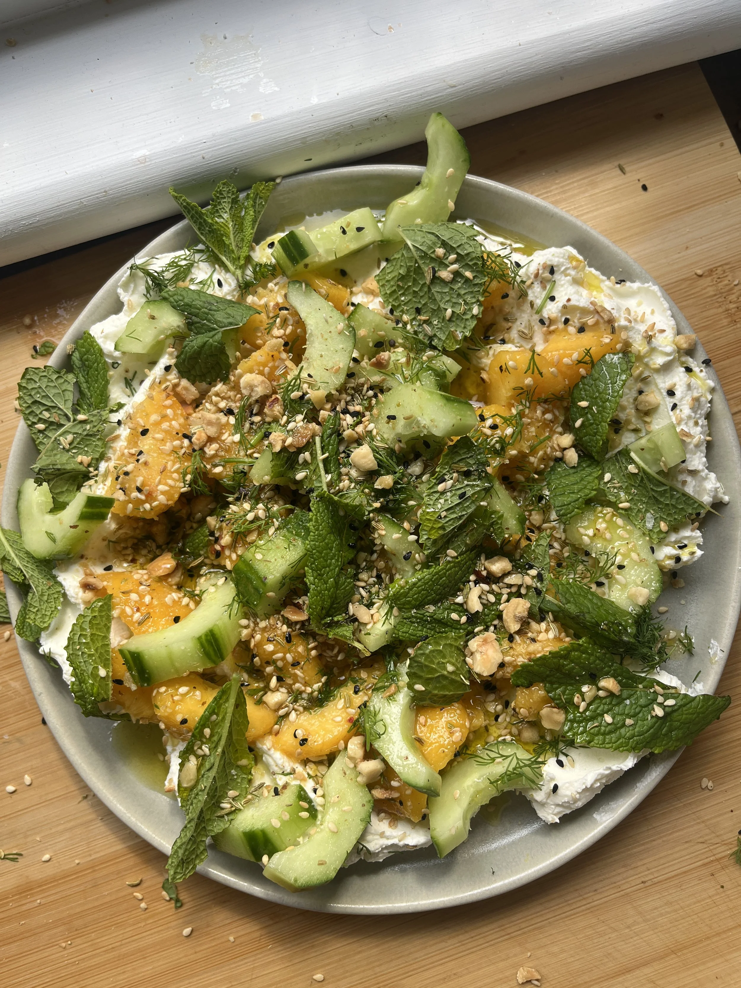 Labneh, nectarine, cucumber salad with hazelnut dukkah &amp; herbs