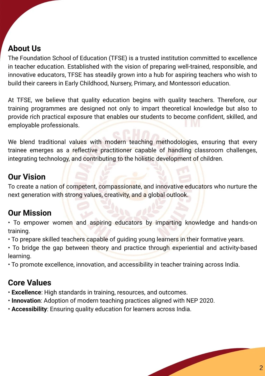 TFSE Teacher Training Prospectus featuring ECCE, NTT, PTT, and Montessori Teacher Training Programs – Learn About Us, Our Vision, Mission