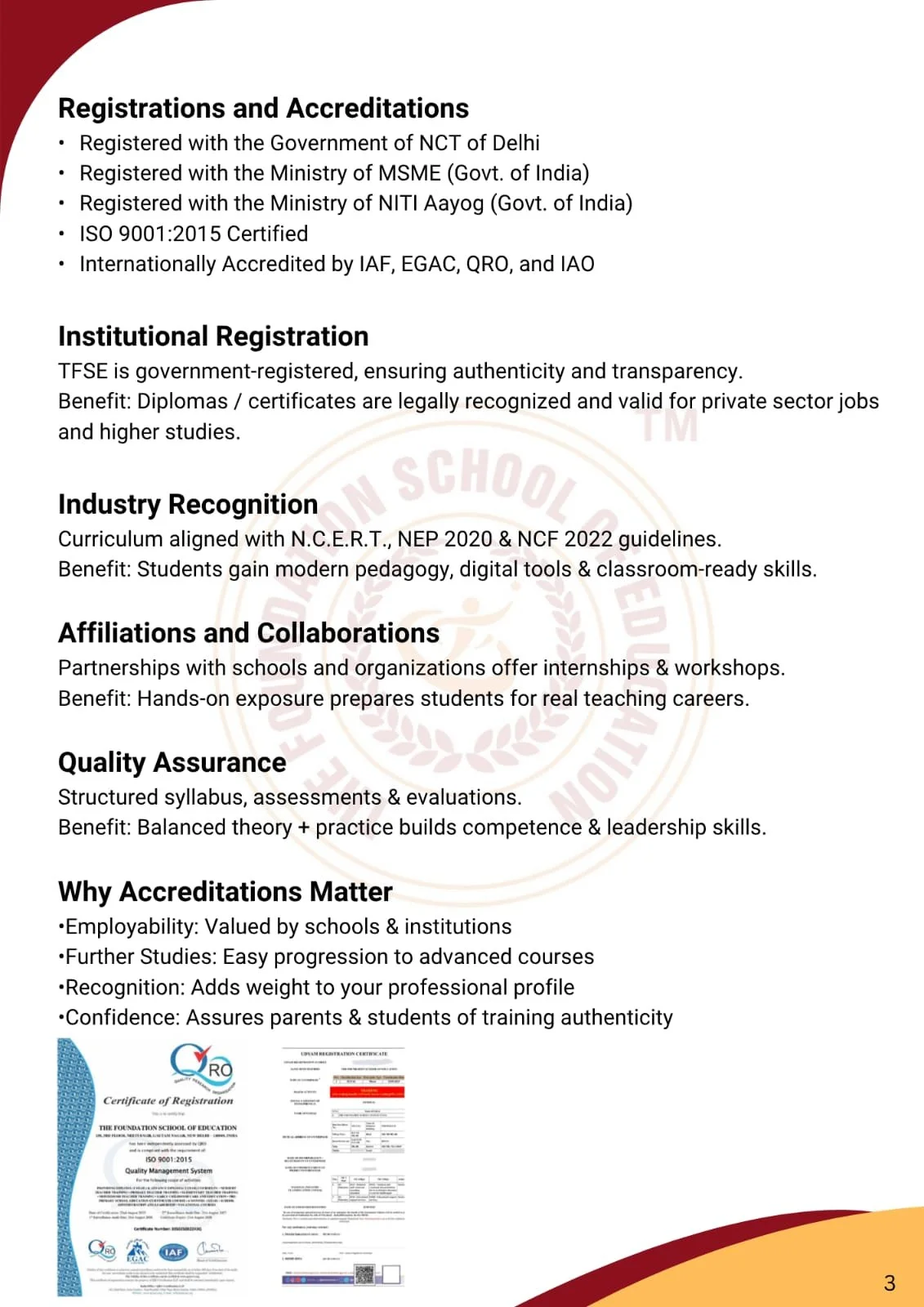 TFSE Teacher Training Prospectus featuring ECCE, NTT, PTT, and Montessori Teacher Training Programs - registerations & accreditions
