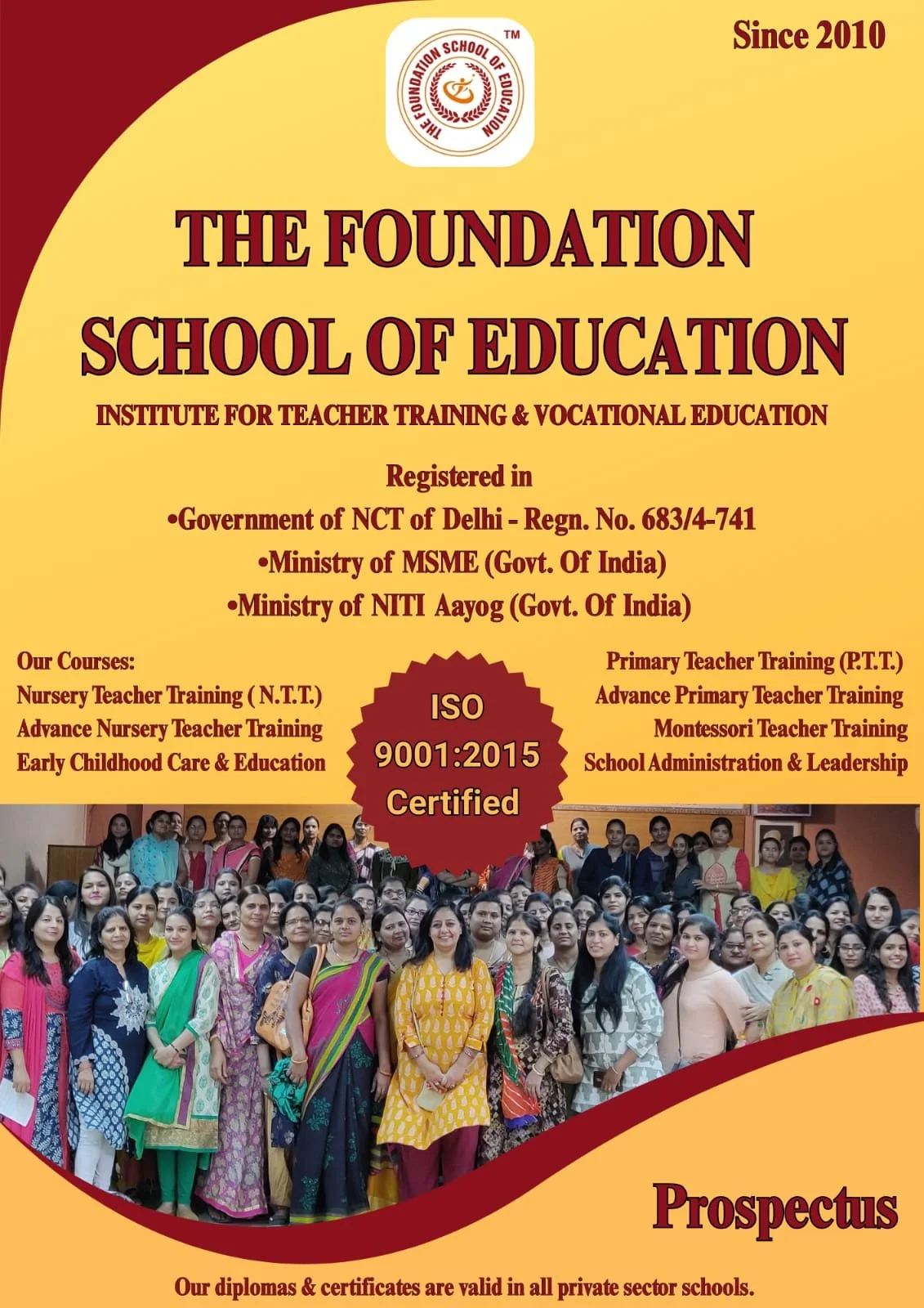 TFSE teacher training prospectus cover with ECCE, NTT, PTT courses, government registrations, and trainee group photo