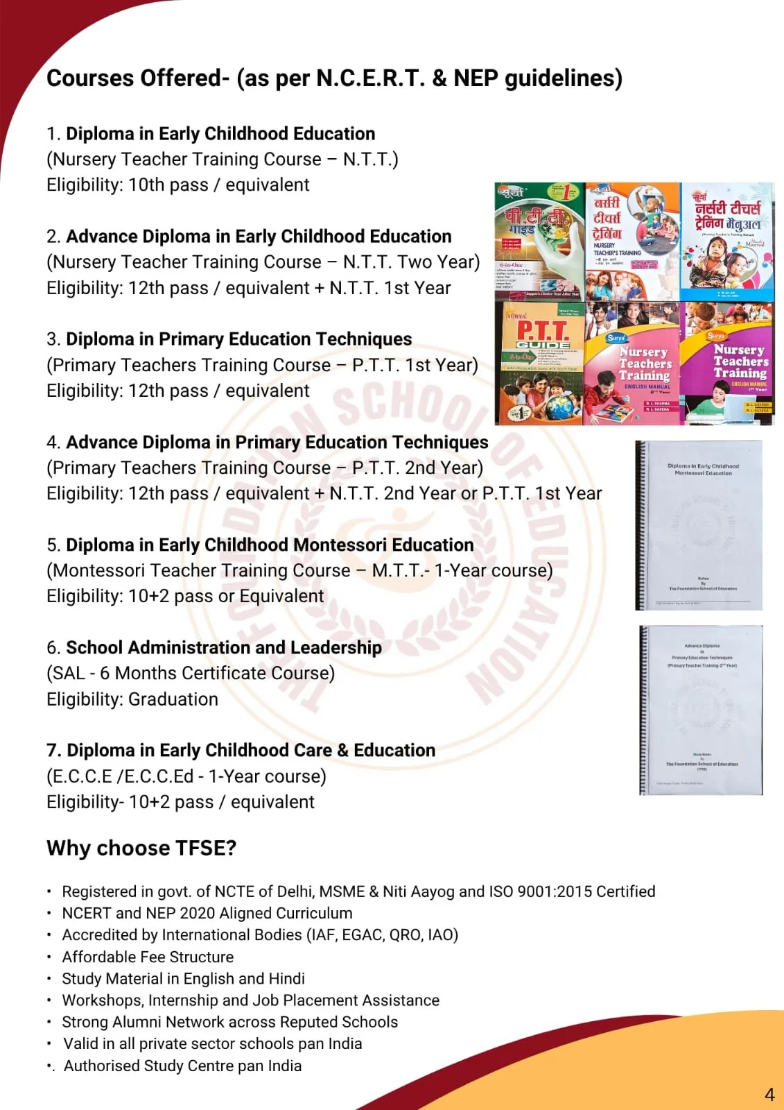 TFSE Teacher Training Prospectus featuring ECCE, NTT, PTT, and Montessori Teacher Training Programs - our courses