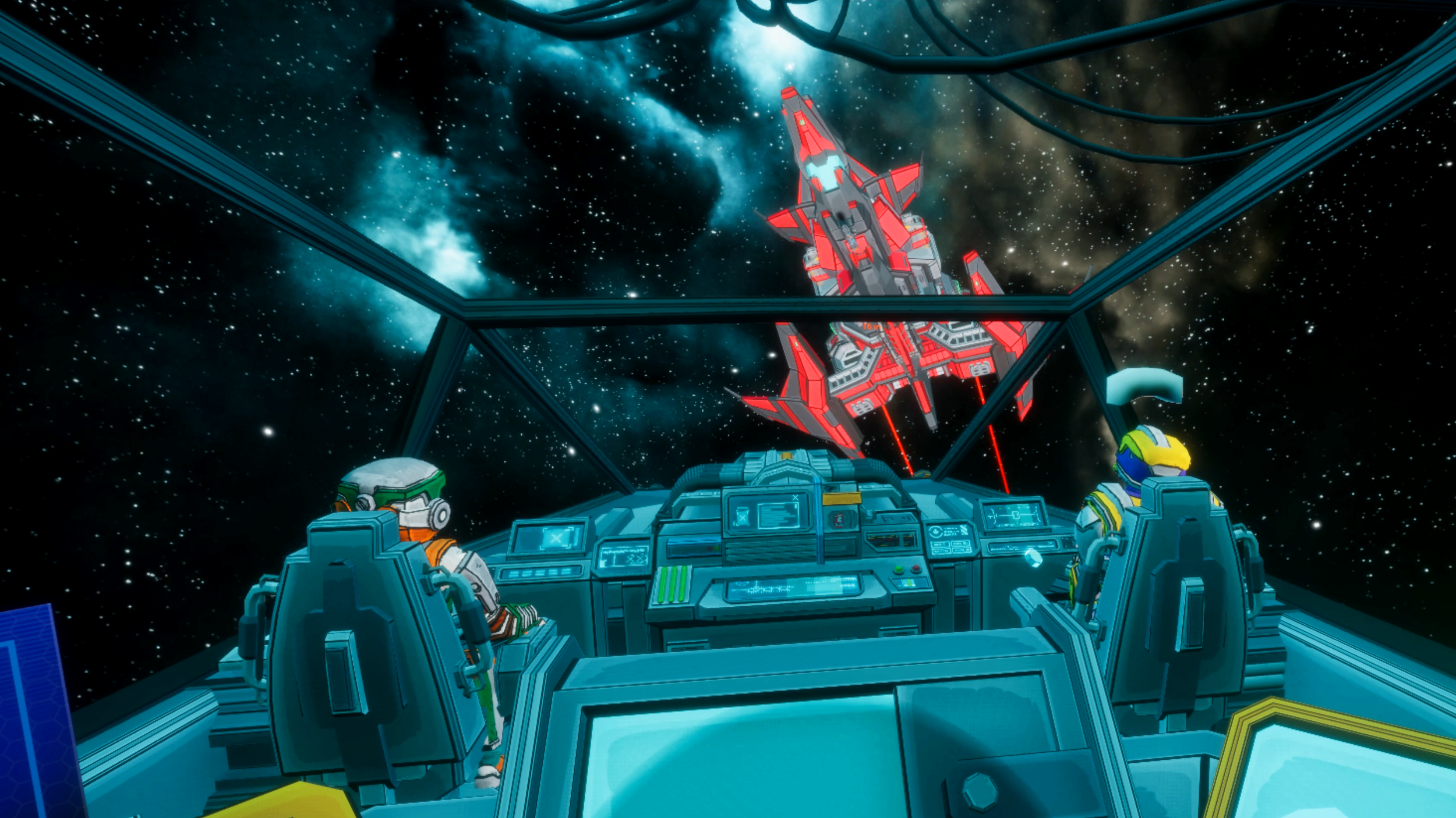 Cockpit view of a spaceship, the crew is fighting an enemy passing by