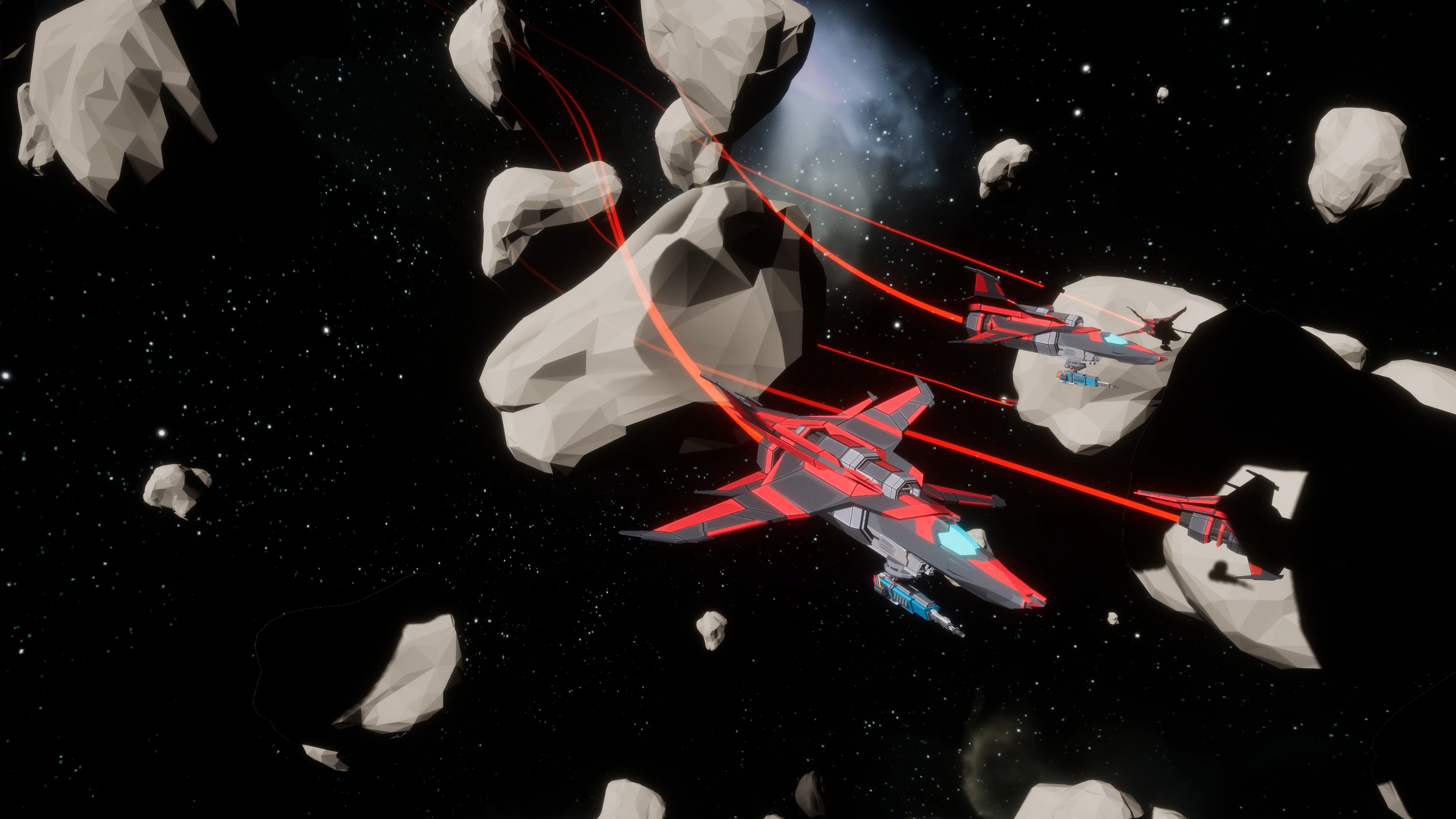 Enemy fighters flying in an asteroids field