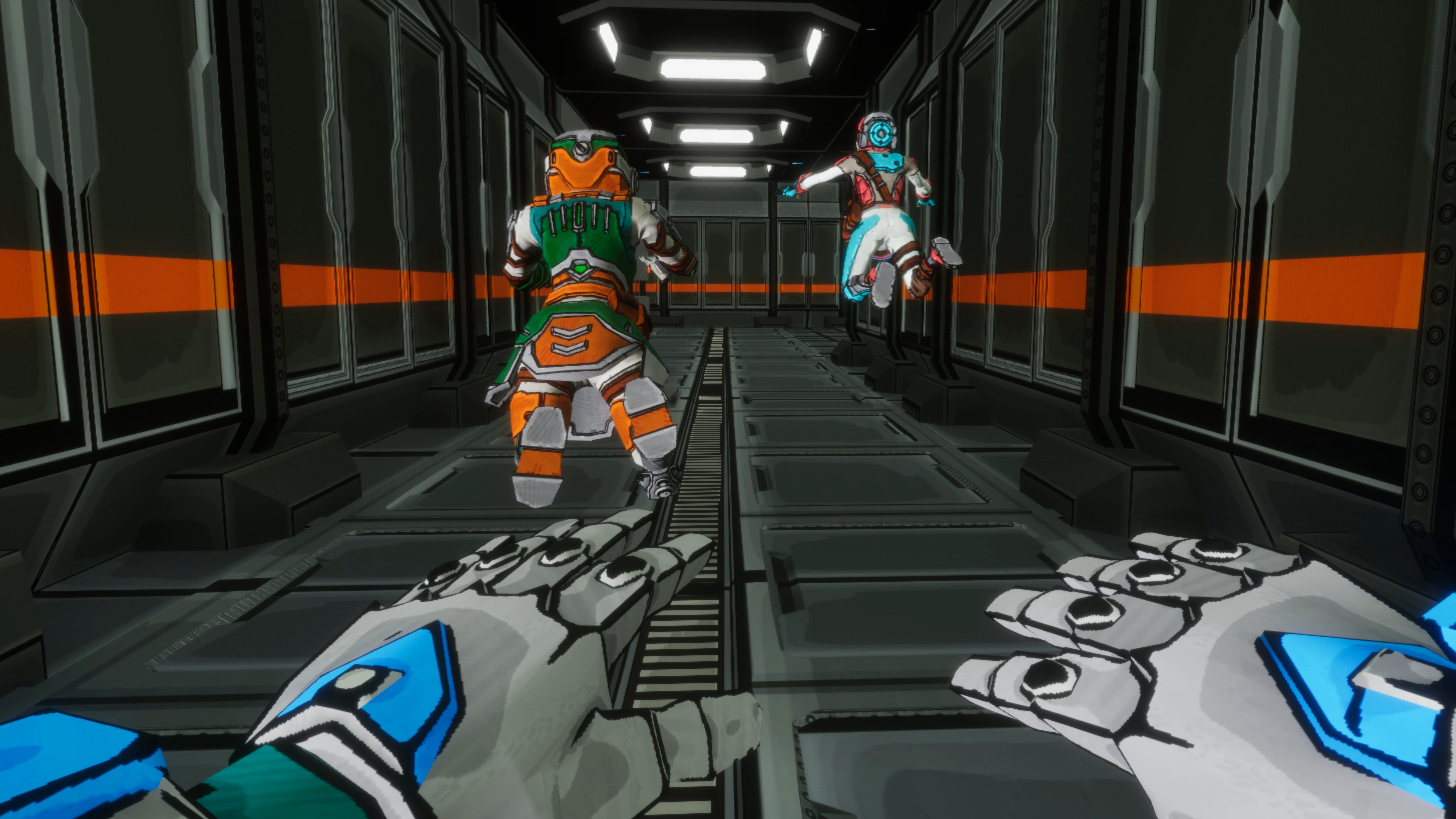 Crew exploring a space dungeon in zero gravity