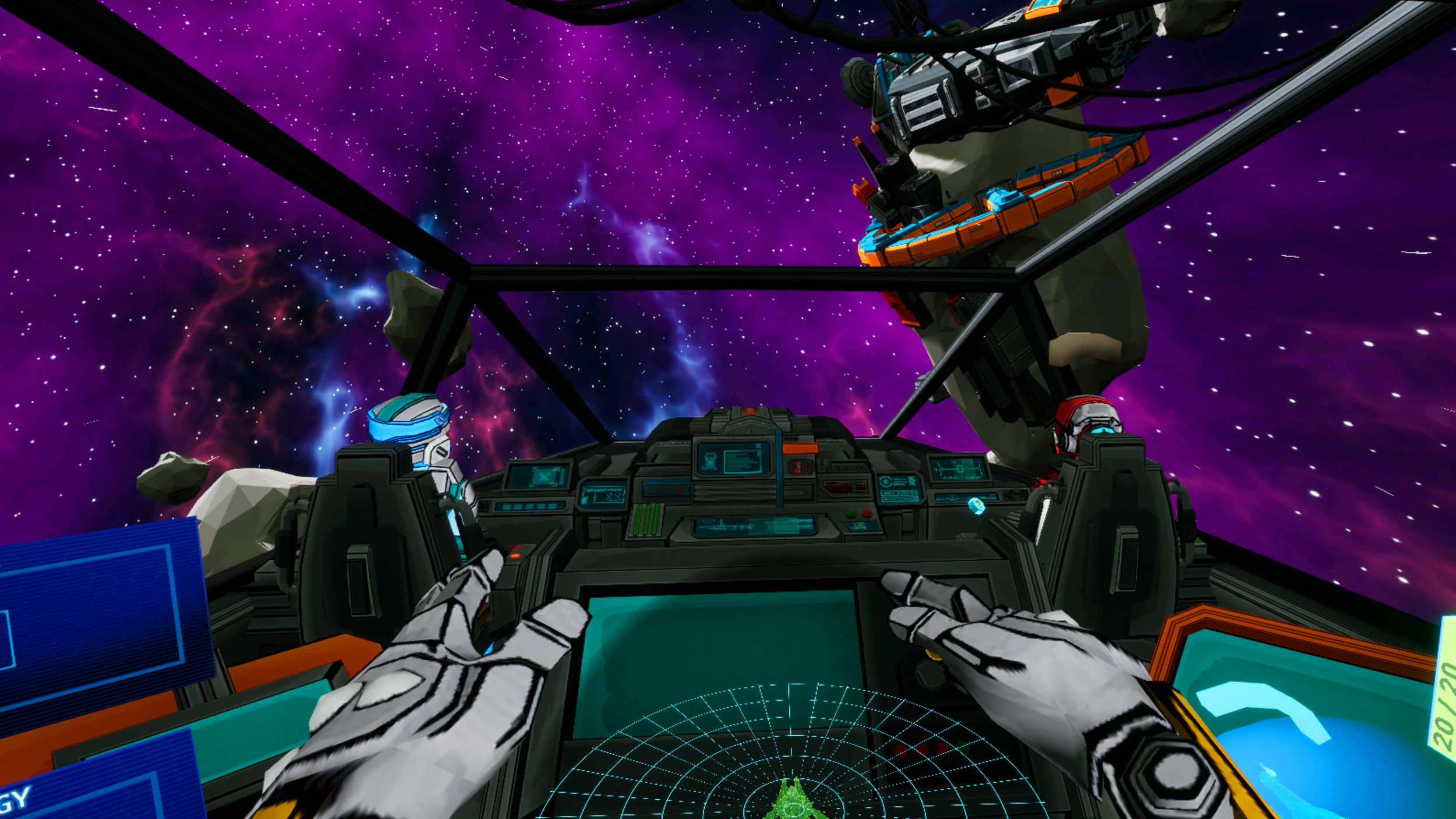 View from cockpit of a spaceship getting near to an abandoned space outpost