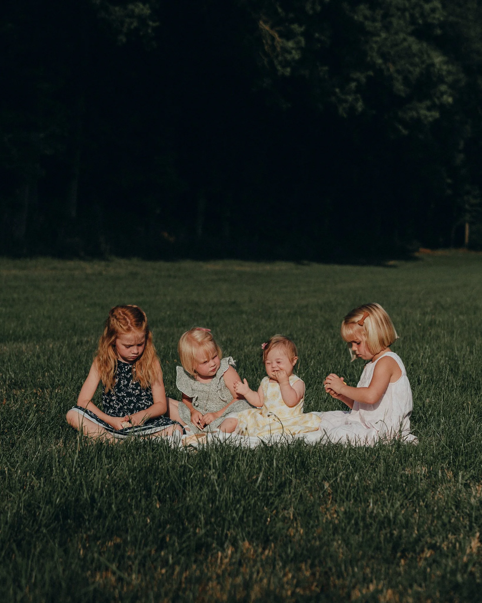 Vier kleine Mädchen sitzen auf einer Wiese im Freien bei Sonnenuntergang, umgeben von Bäumen im Hintergrund, und haben unterschiedliche Gesichtsausdrücke.