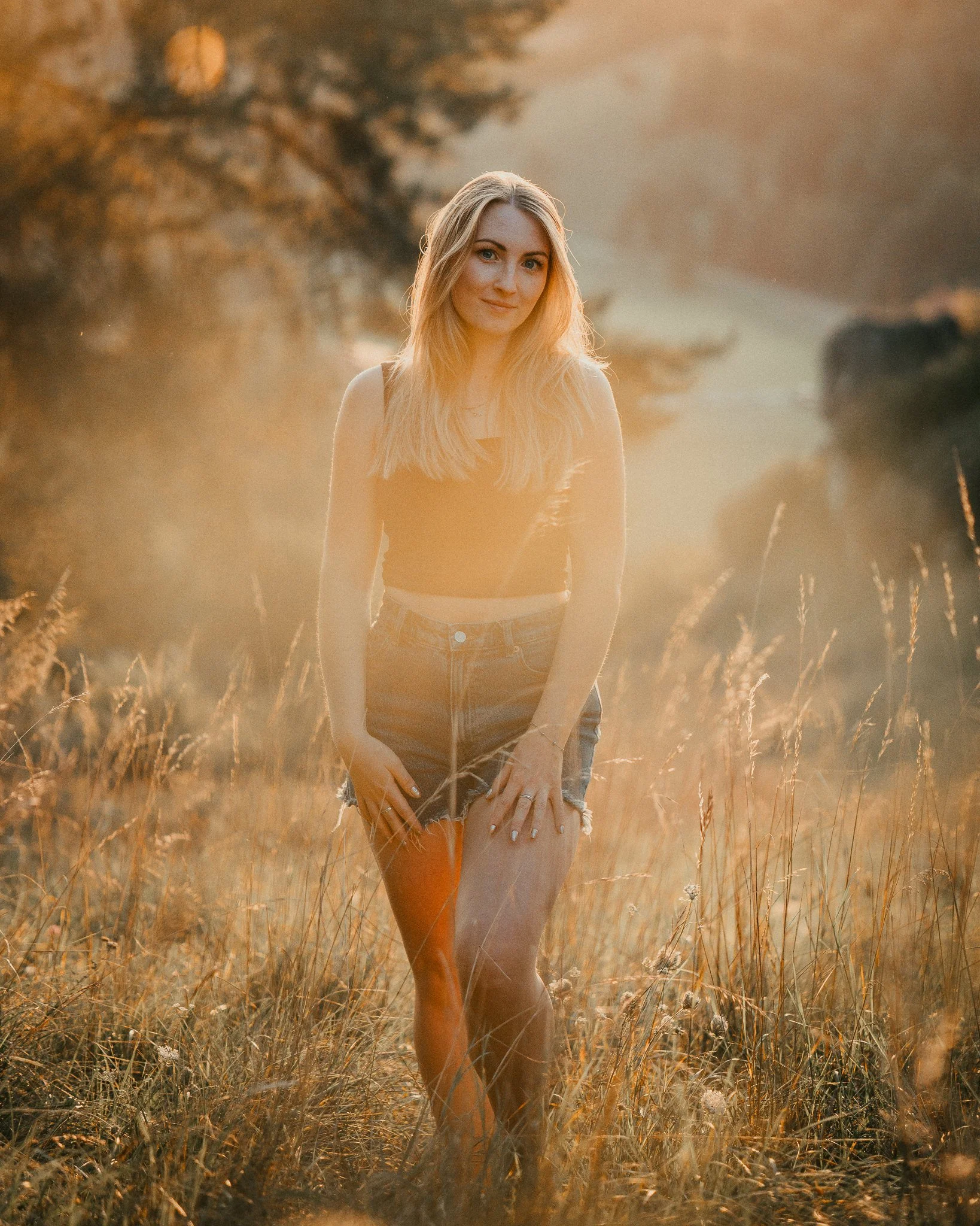 Junge Frau mit blonden Haaren in einem schwarzen Top und Jeansshorts im Sonnenuntergang in einem goldenen Feld.