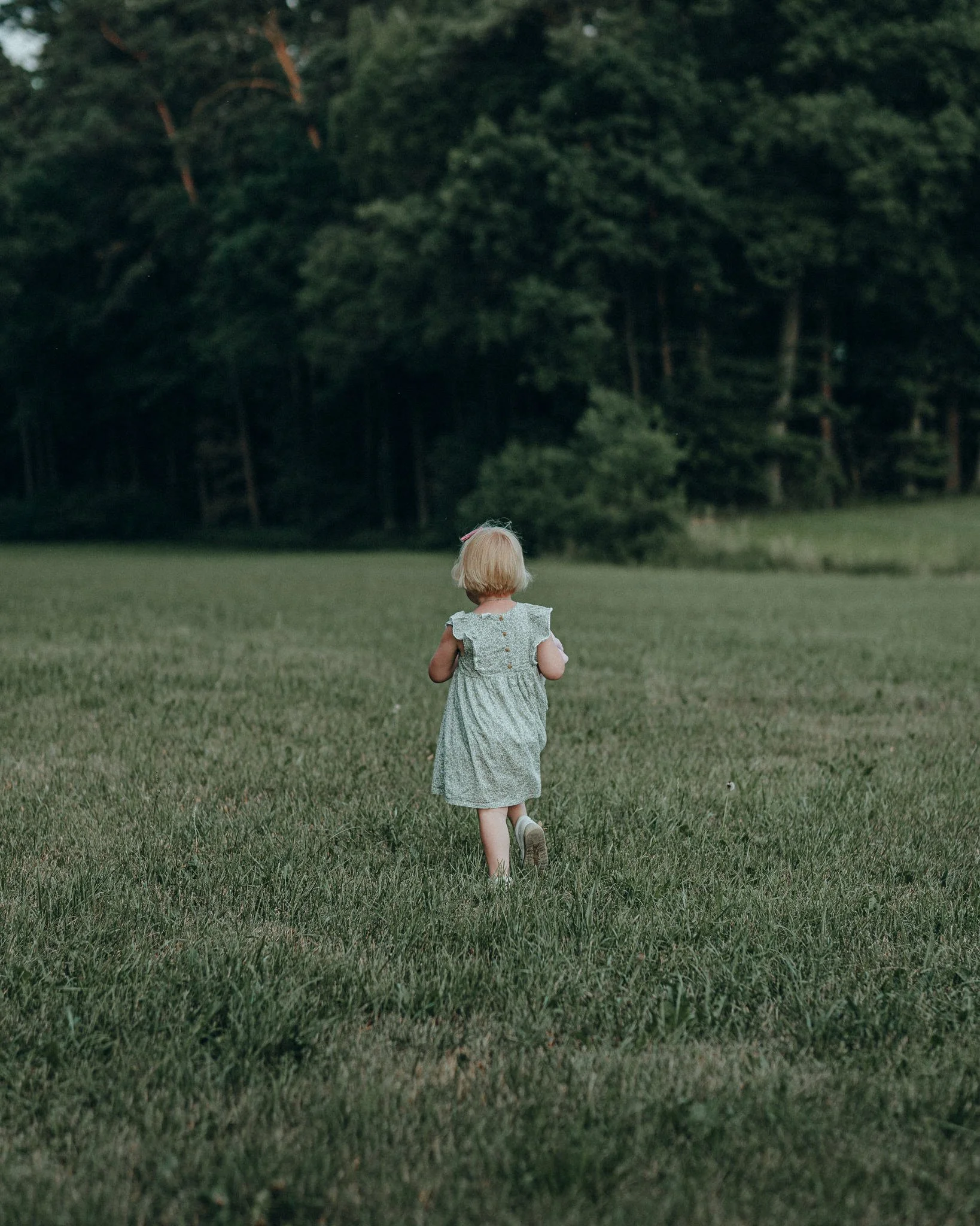 Ein junges Mädchen mit blonder Bob-Frisur in einem grünen Kleid läuft über eine grasbewachsene Wiese in Richtung eines dunklen Waldes im Hintergrund.