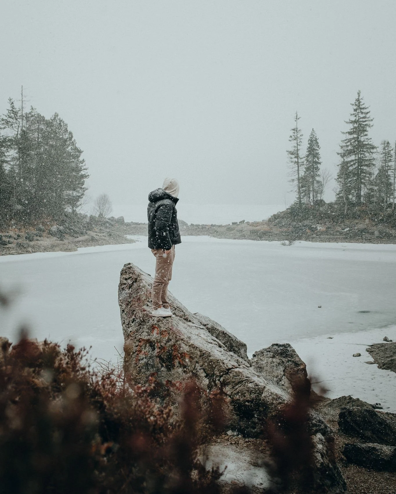Person steht auf einem Baumstamm an einem verschneiten See mit bewaldeten Hügeln im Hintergrund, bei Schneefall.