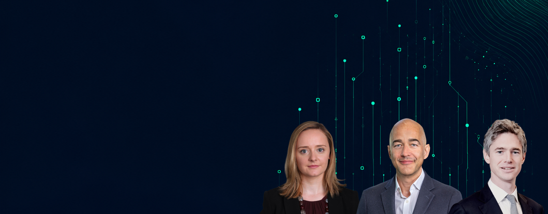 Three business professionals, two men and one woman, standing against a dark background with digital data and circuit-like graphics.