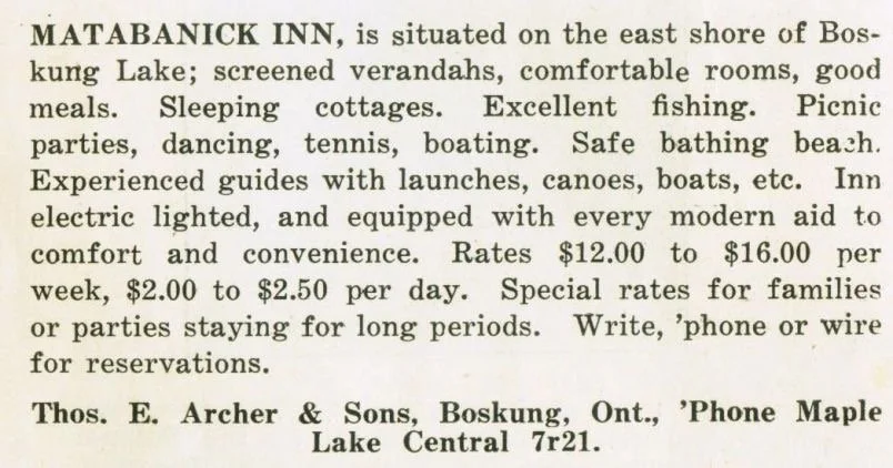 Newspaper or magazine advertisement for the Matabanick Inn.  Date unknown.