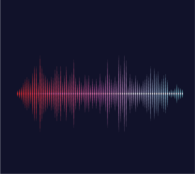 Colorful audio waveform on dark background representing sound or music.