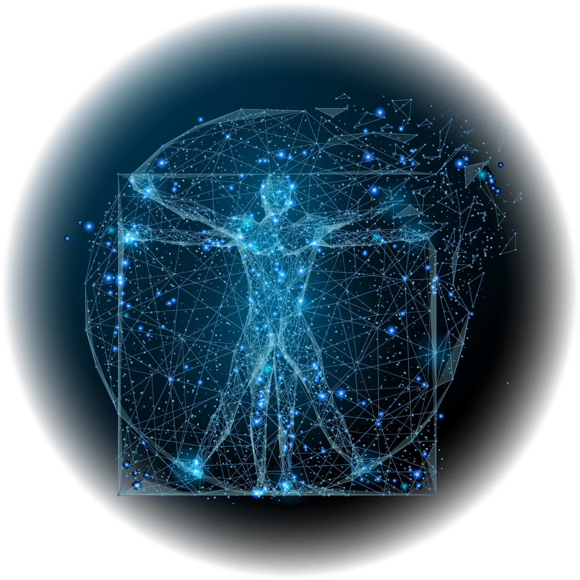 Digital illustration of a human body composed of blue glowing points and connecting lines, resembling a neural network or data points, set within a dark background.