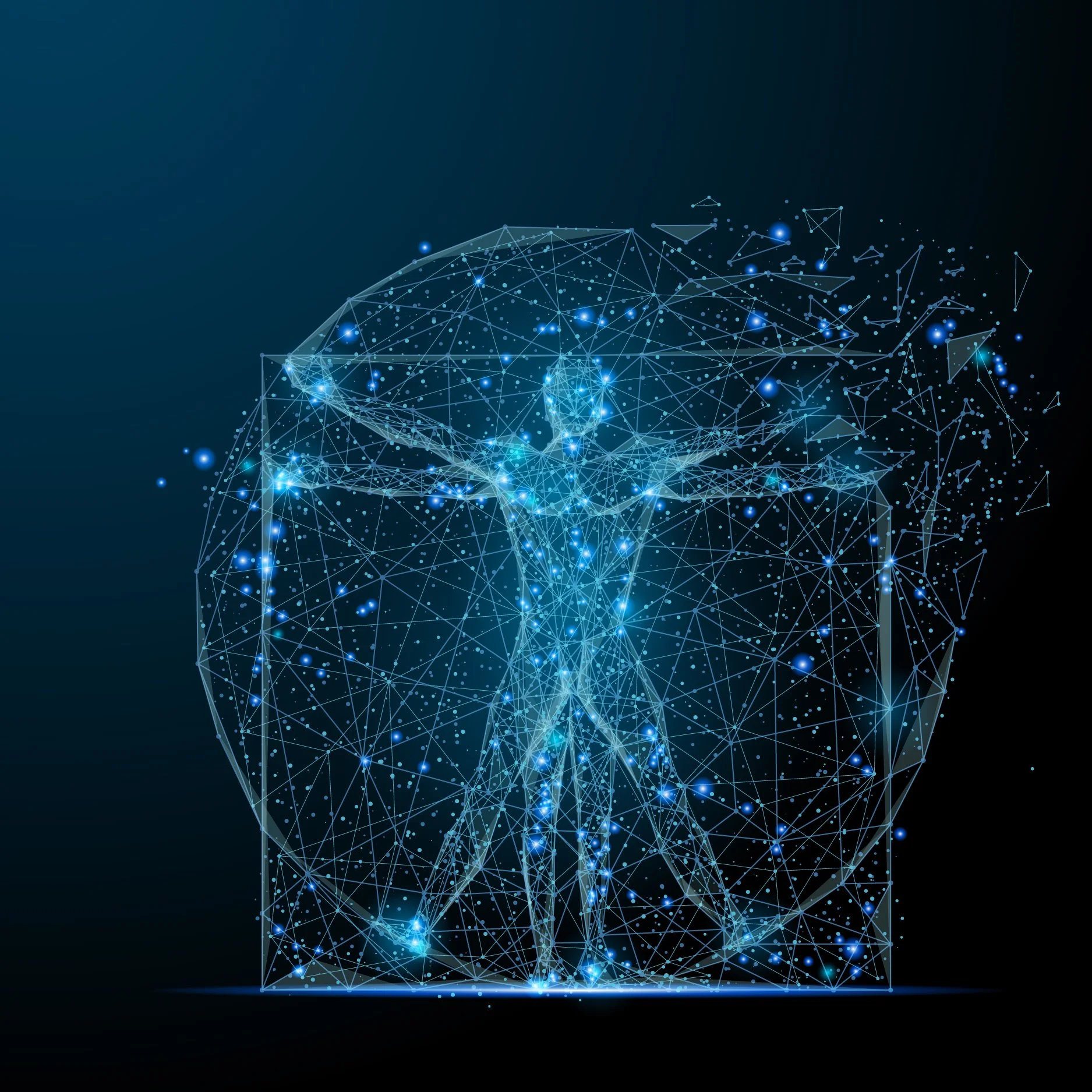 Digital illustration of Leonardo da Vinci's Vitruvian Man, made of interconnected blue lines and dots, with a dark background.