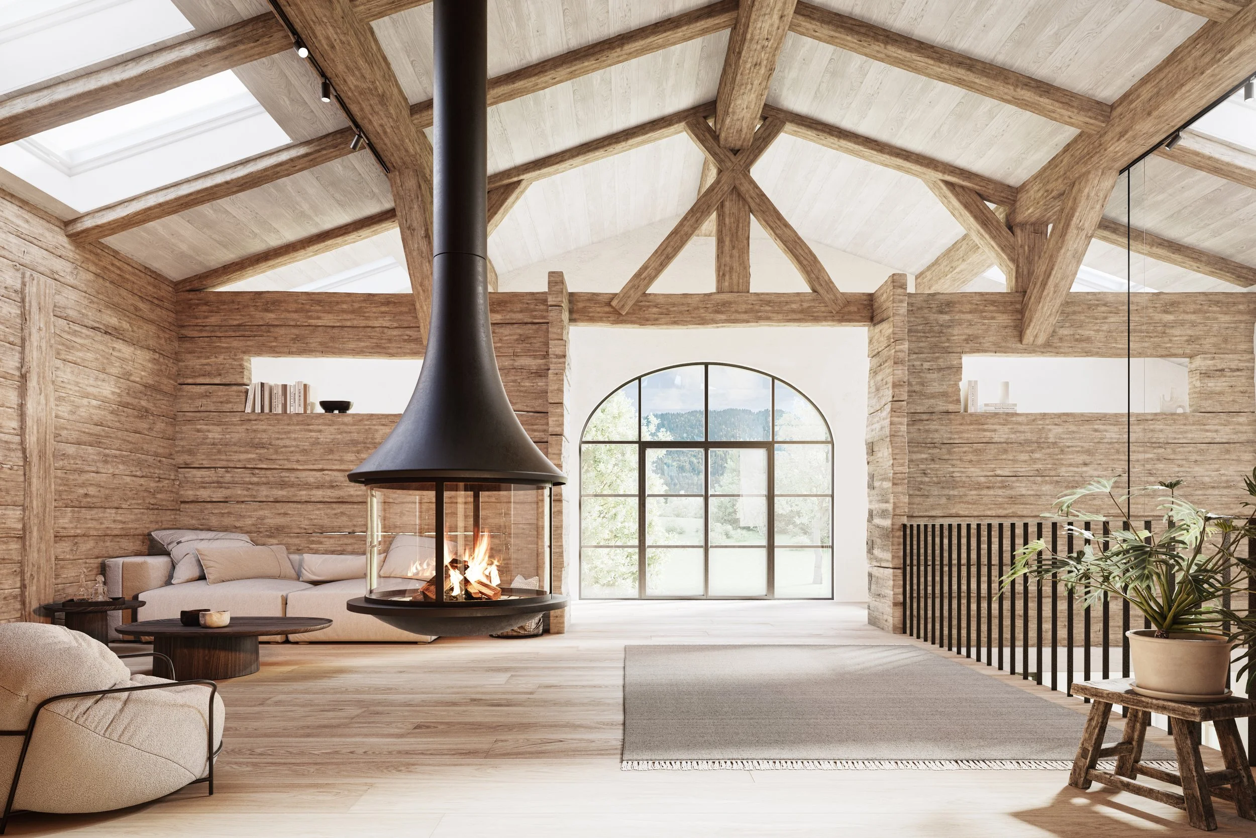 3D-Visualisierung eines offenen Chalet-Wohnbereichs im Dachgeschoss mit frei hängendem Design-Kamin, sichtbarem Dachstuhl aus Altholz, Rundbogen-Sprossenfenster und modernem Sofa.