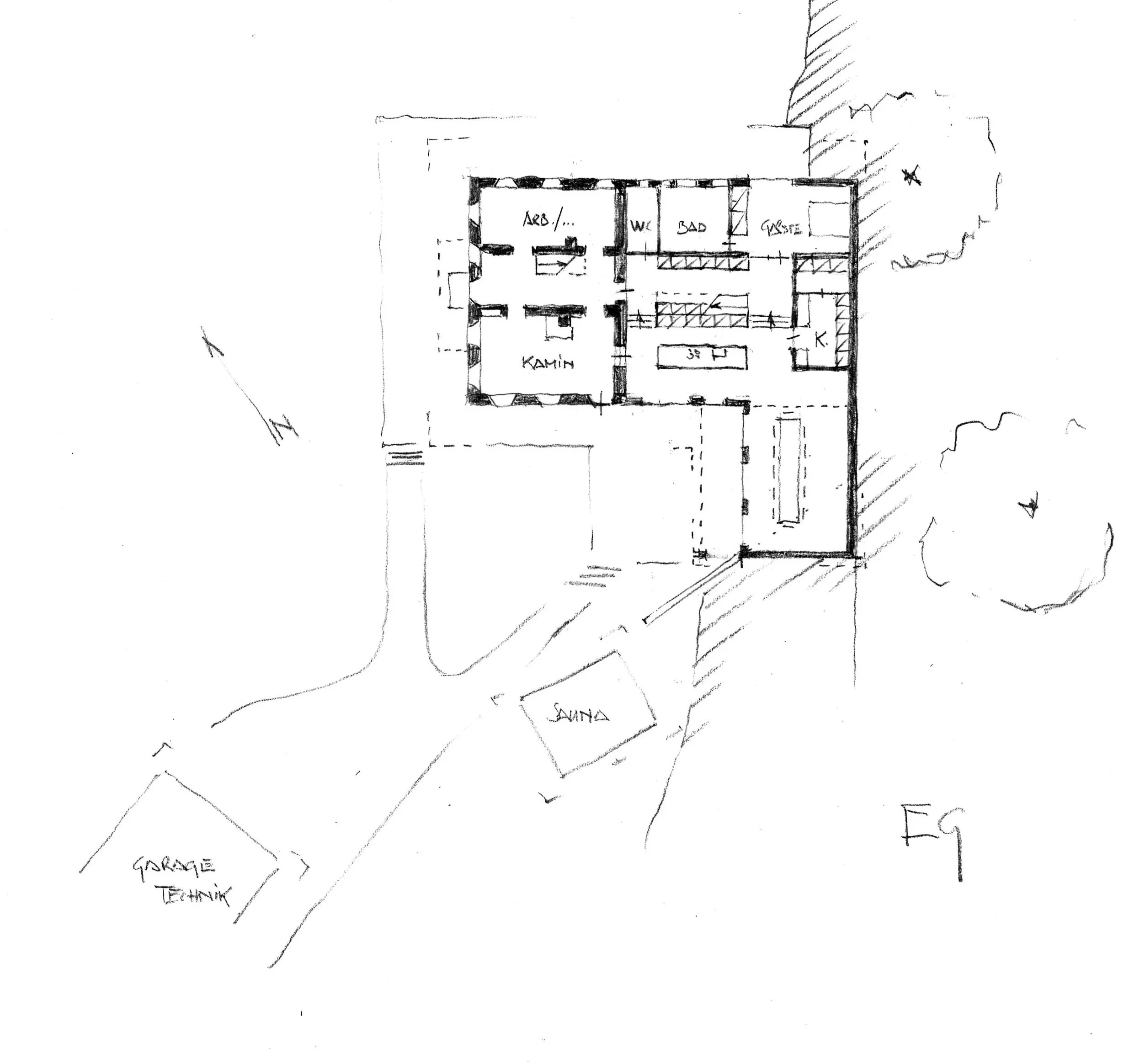 Handgezeichneter Grundriss-Entwurf für das Erdgeschoss eines alten Einfirsthofs mit freistehender Sauna und Garage.