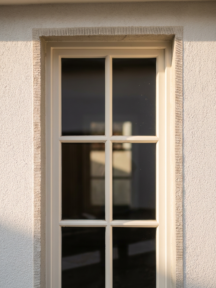 Detailaufnahme eines weißen Sprossenfensters in einer fein strukturierten Hausfassade, von warmem Sonnenlicht beleuchtet.