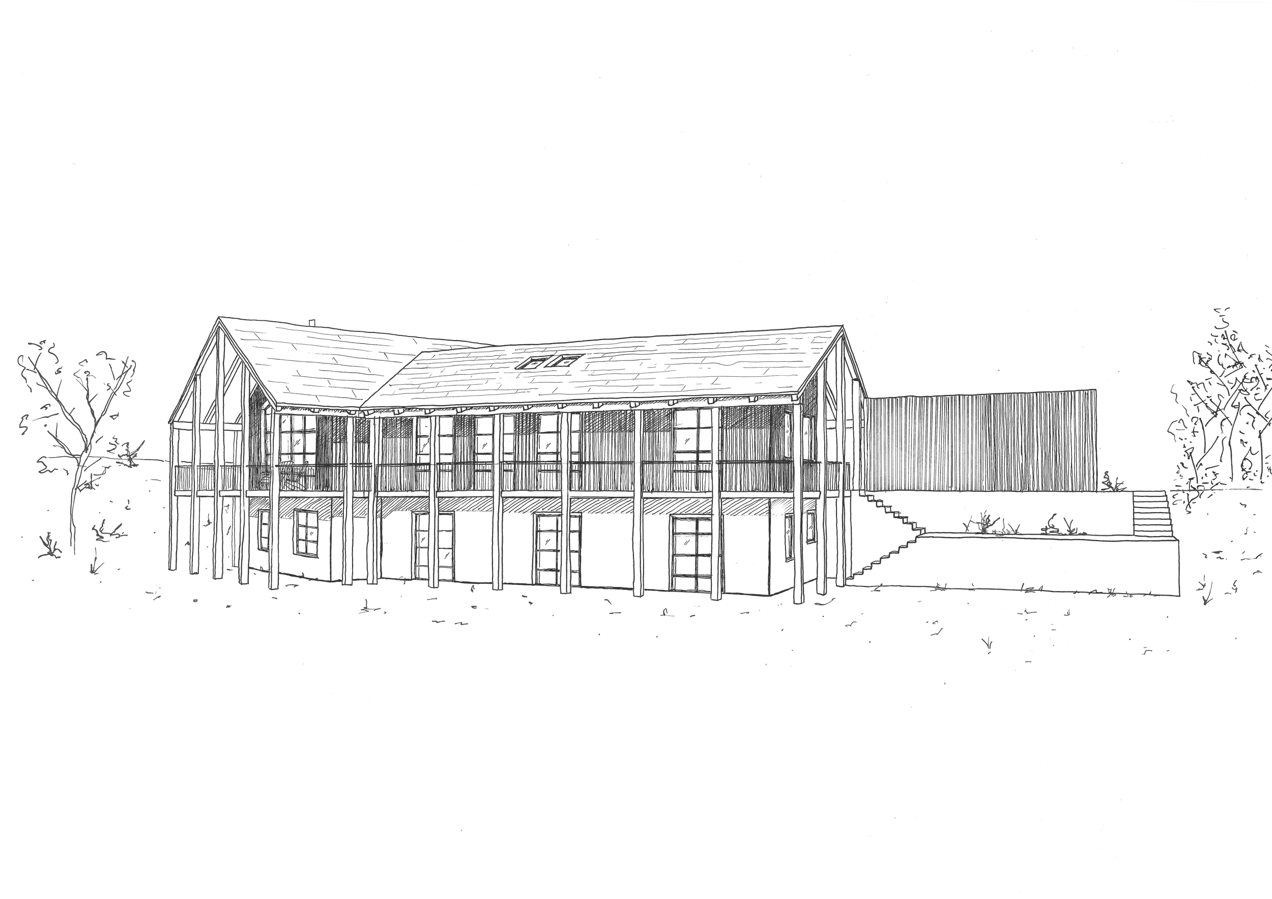 Perspektivische Architektur-Handzeichnung eines zweigeschossigen Wohnhauses mit Pfeilerstruktur und gestufter Außentreppe.