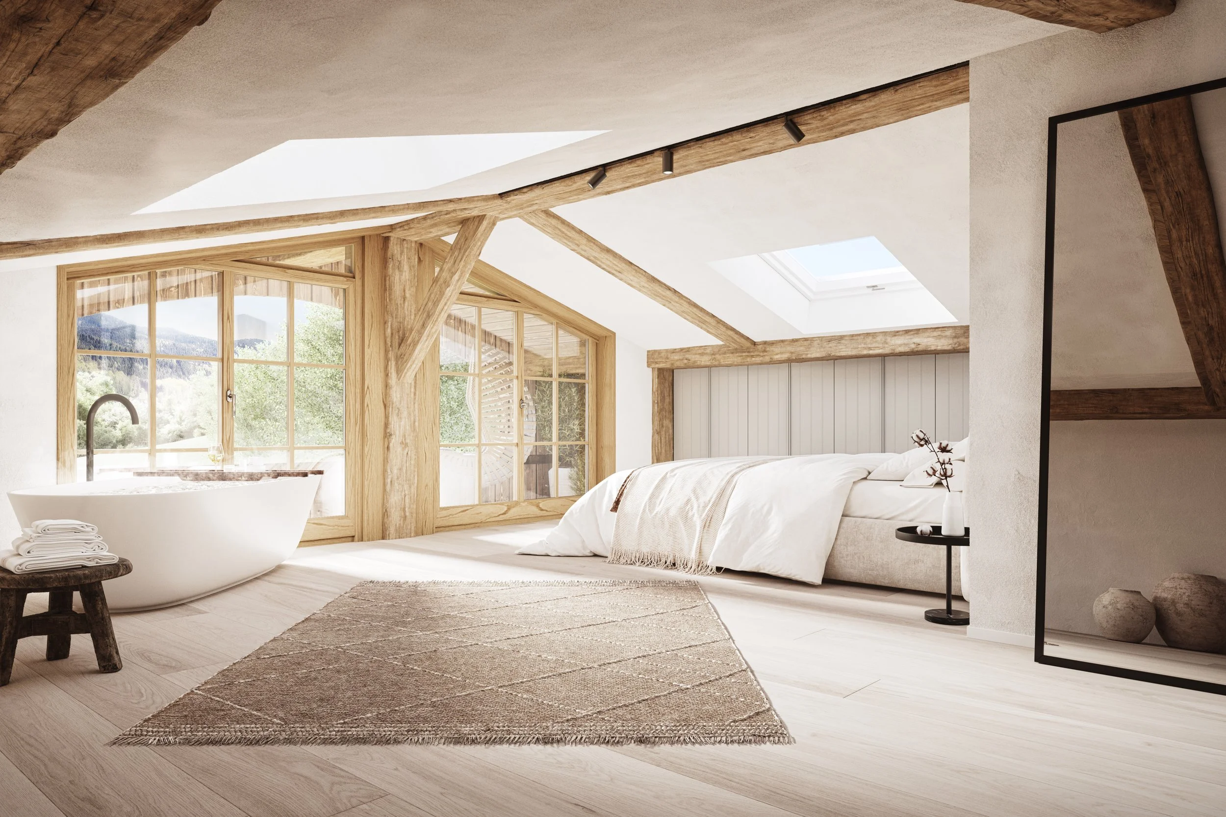 BAND Architektur – 3D-Visualisierung Master-Bedroom im Dachgeschoss mit freistehender Badewanne.