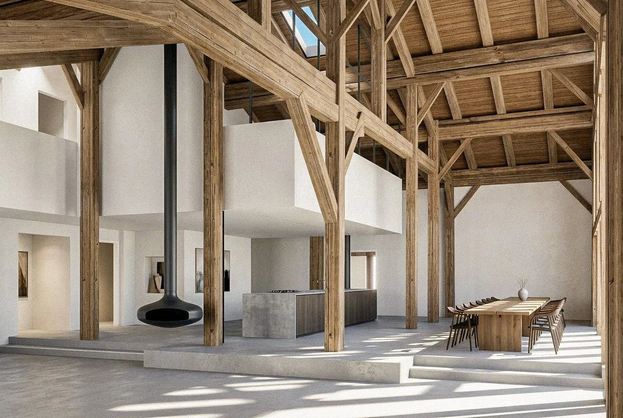 3D-Visualisierung eines modernen Tenne-Ausbaus mit offenem Holzdachstuhl, frei hängendem schwarzem Kamin, Kücheninsel und lange Tafel aus Holz auf geschliffenem Estrichestrich.