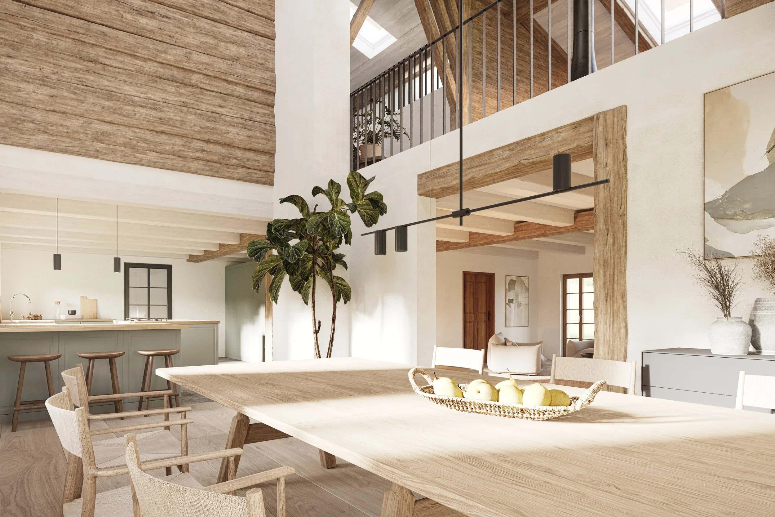 3D-Visualisierung eines lichtdurchfluteten, offenen Essbereichs mit massivem Holztisch, Galerieebene mit Holzgebälk, altem Strackholz-Einbau und Salbeigrüner Küche im Hintergrund.