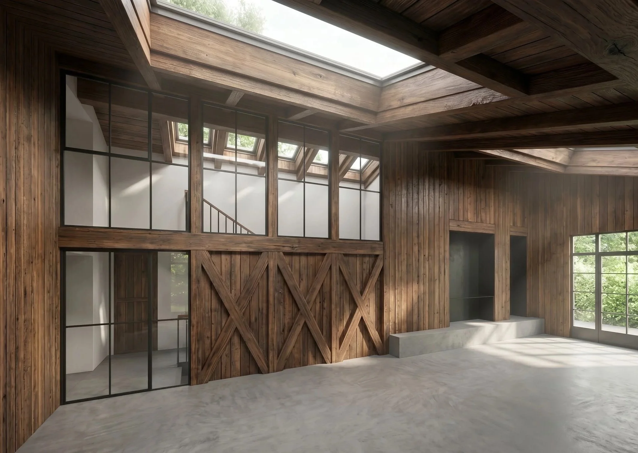 3D-Visualisierung eines lichtdurchfluteten Loft-Innenraums mit dunkler Holzvertäfelung, Sichtbetonboden, großen Dachfenstern, schwarzen Stahl-Sprossenfenstern und Scheunentor-Design.