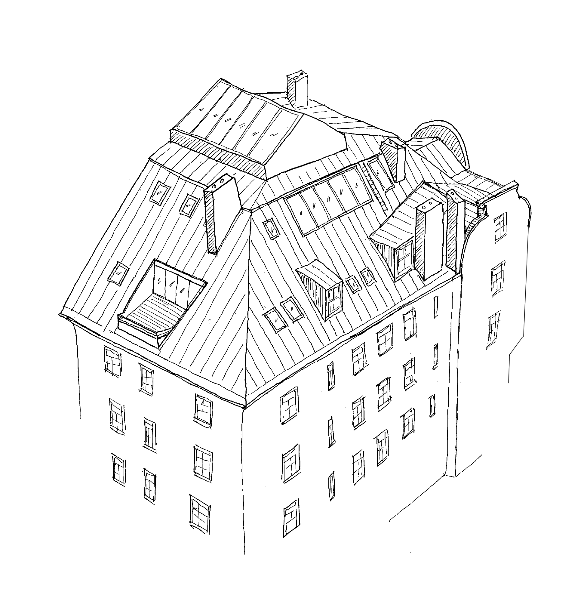 Perspektivische Skizze eines mehrgeschossigen Gebäudes mit Dachgauben und den neugeplanten Fenster in der Maisonette