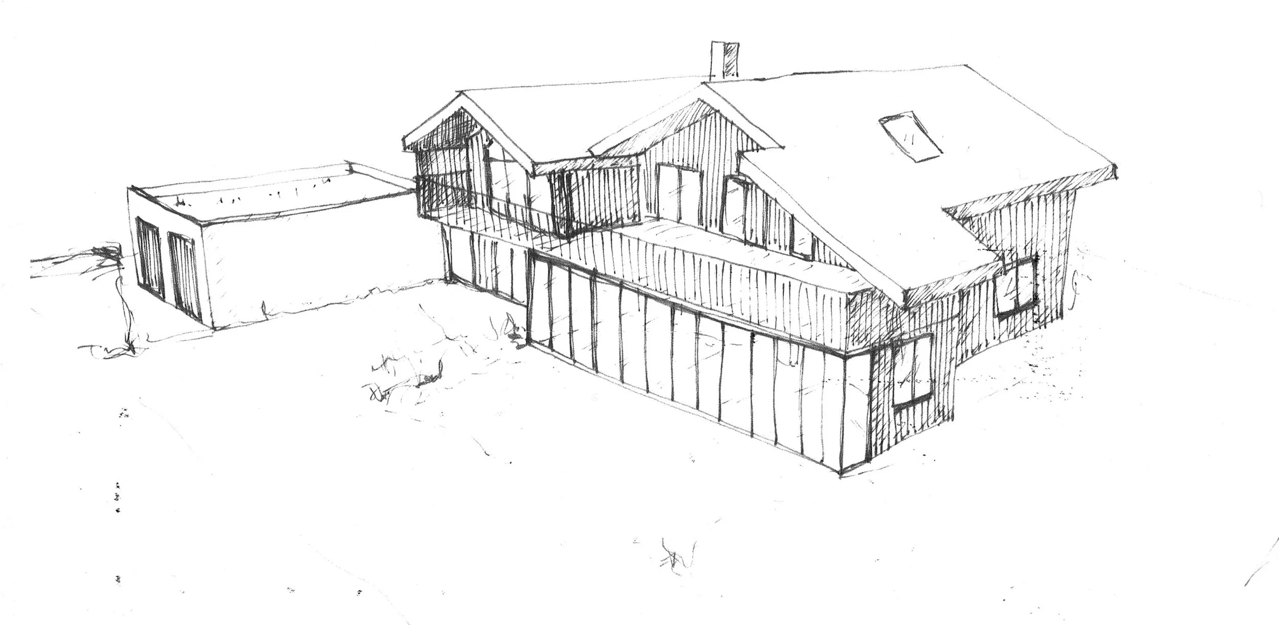 Handgezeichnete Architektur-Skizze eines modernen Einfamilienhauses mit Satteldach, großer Glasfront, Balkon und freistehender Doppelgarage.