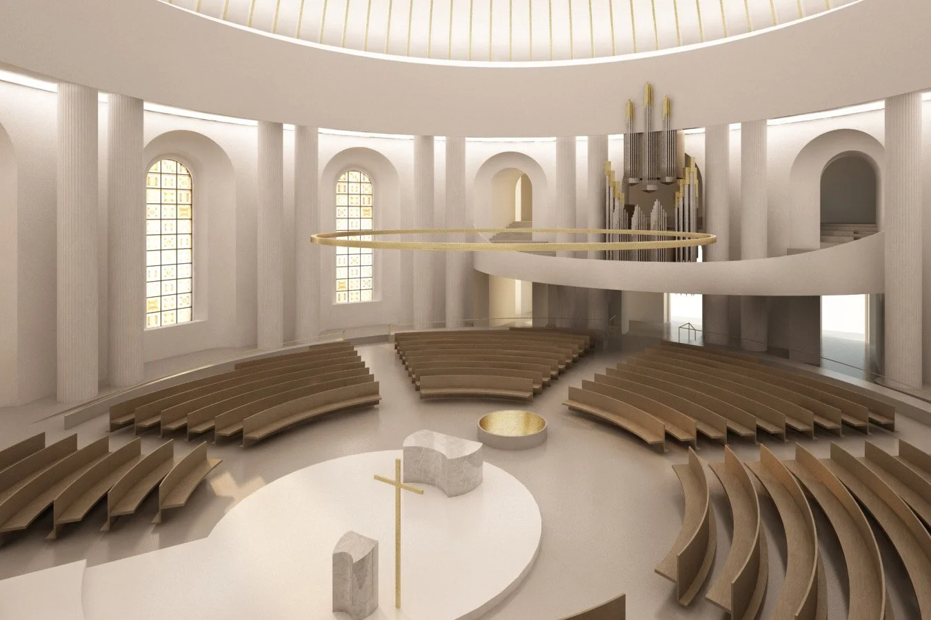 Perspektivische 3D-Darstellung des Kircheninnenraums von schräg oben mit Fokus auf den modernen, puristischen Altar im Zentrum, die kreisförmigen Sitzreihen und eine große Orgel auf der geschwungenen Empore.