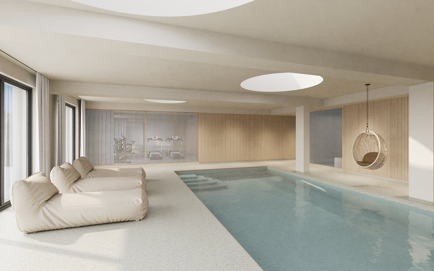 Rendering des Untergeschosses eines umgebauten Einfamilienhauses in Prien mit hochwertigem Spa-Bereich und Pool.