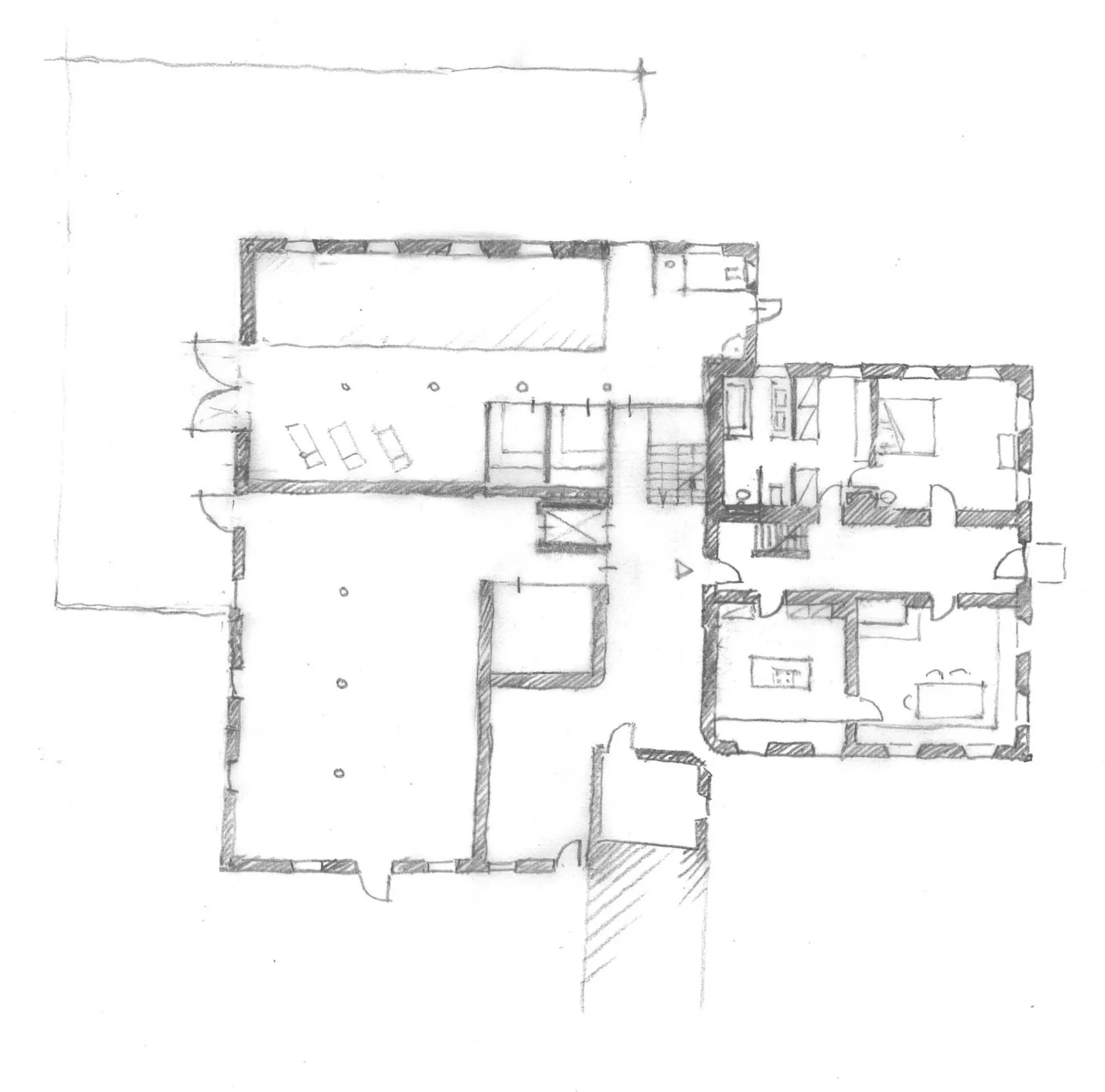 Handgezeichneter architektonischer Grundriss eines Einfirsthofes im Erdgeschoss.