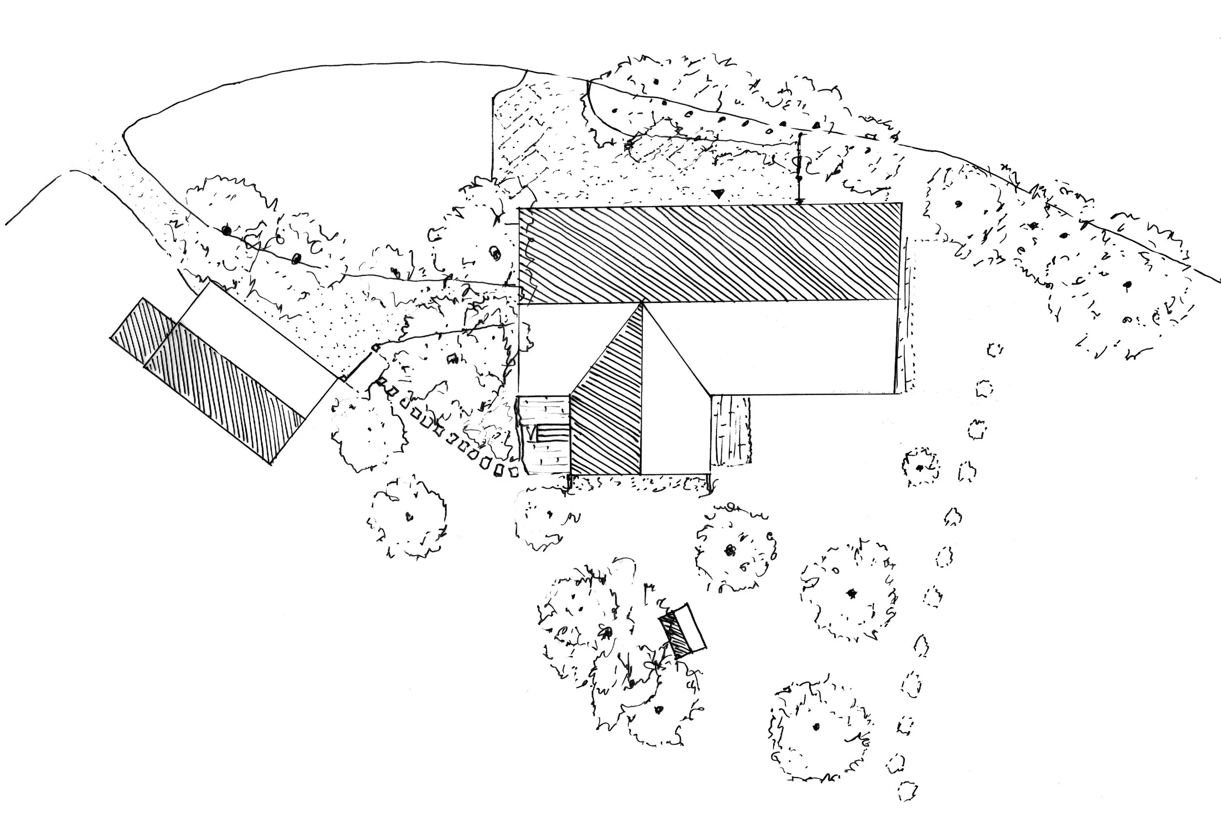 Handgezeichneter Lageplan mit Gebäudegrundriss, Dachlandschaft, Nebengebäude, Wegenetz und Freiflächengestaltung mit Baumbestand.
