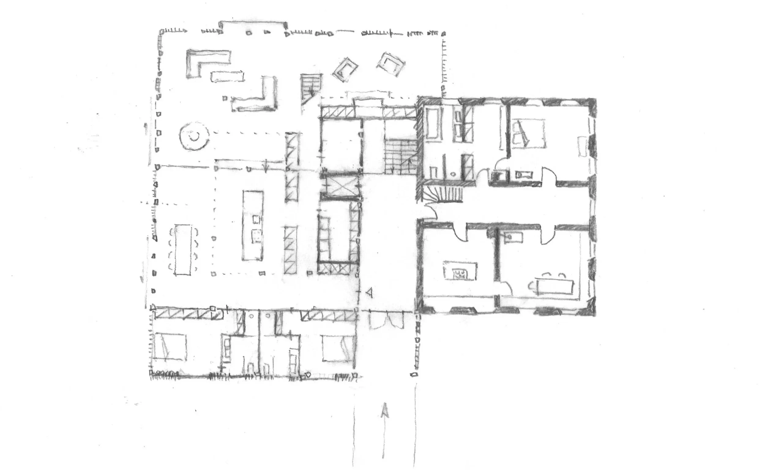 Handgezeichneter architektonischer Grundriss eines Einfirsthofes im Obergeschoss.