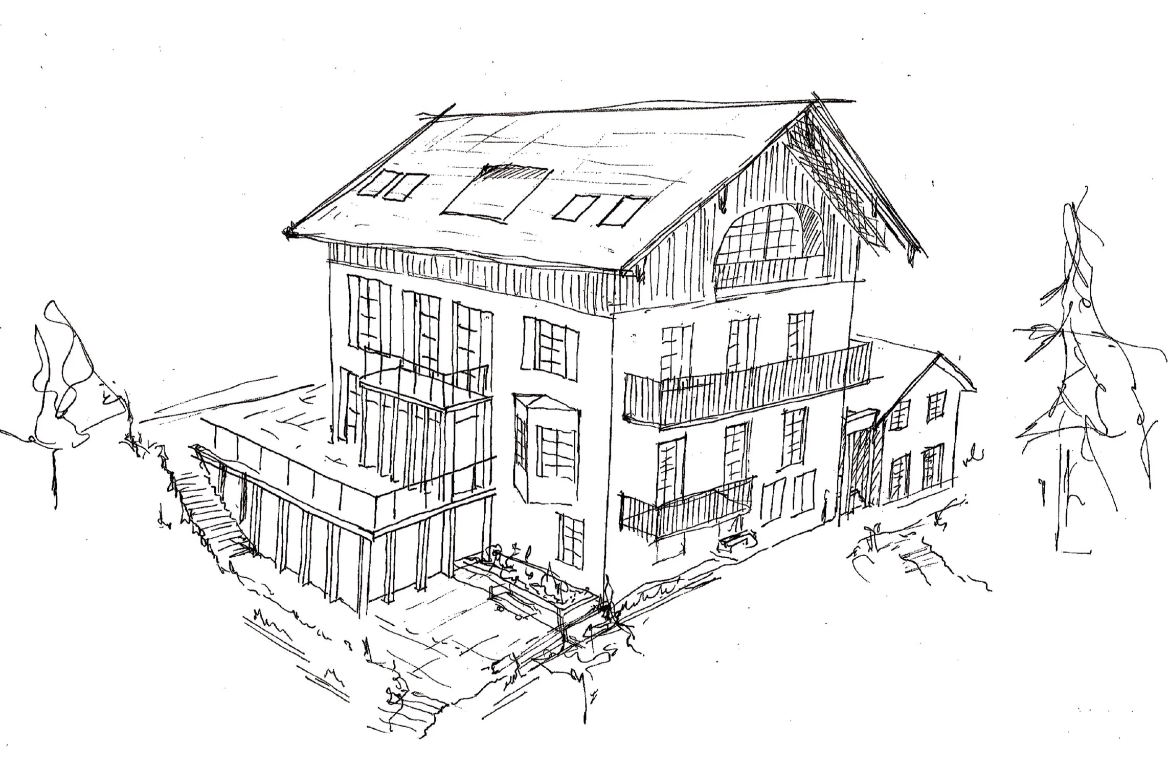 Entwurfsskizze Einfamilienhaus Prien am Chiemsee.