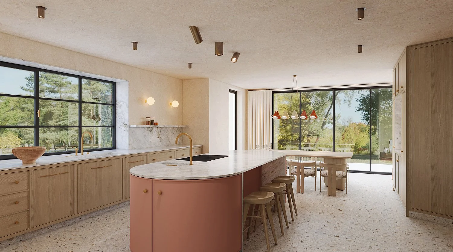 Rendering einer Küche mit angrenzendem Essbereich in einem umgebauten Einfamilienhaus in Prien. Die Holzküche und der Terrazzo­boden werden durch große Fenster mit filigranen schwarzen Rahmen und einem weiten Ausblick ergänzt.