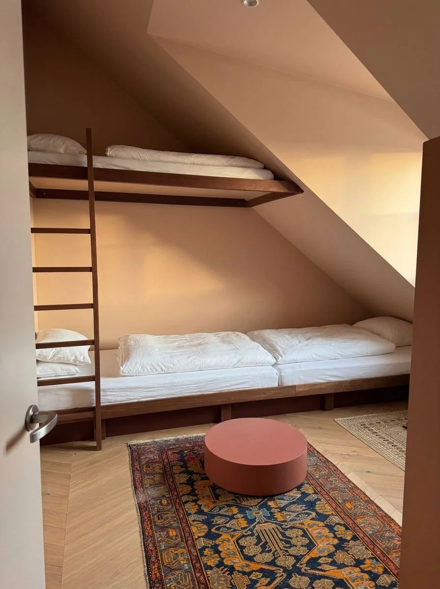 Das Hochbett im Dachgeschoss mit Blick auf die Isar in München wurde in dunklem Nussbaumholz ausgeführt