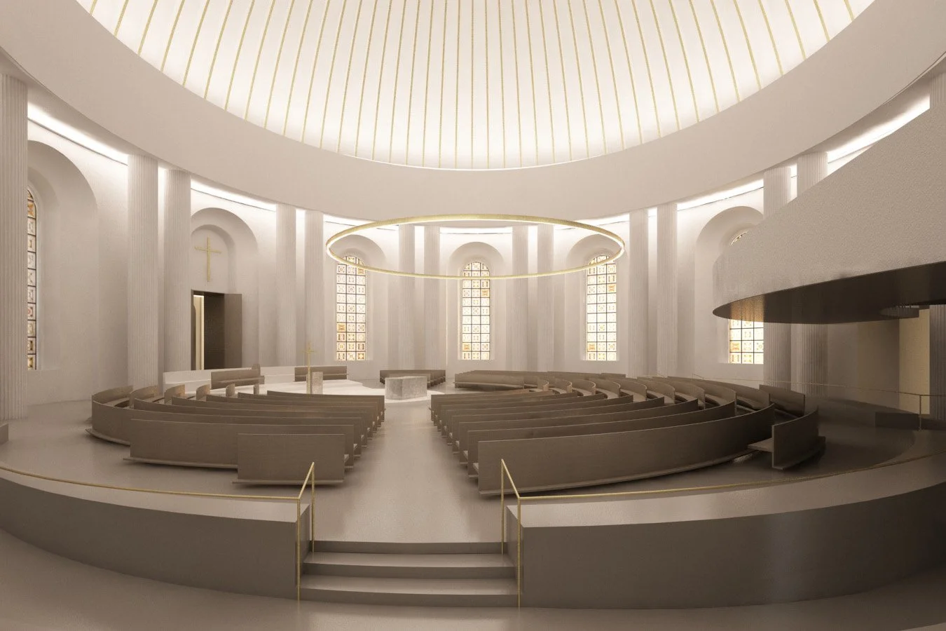 3D-Visualisierung des hellen Innenraums der Kathedrale mit einer großen Kuppel, halbkreisförmig angeordneten Holzbänken, einem leicht erhöhten zentralen Altarbereich und einem großen schwebenden Leuchtring.