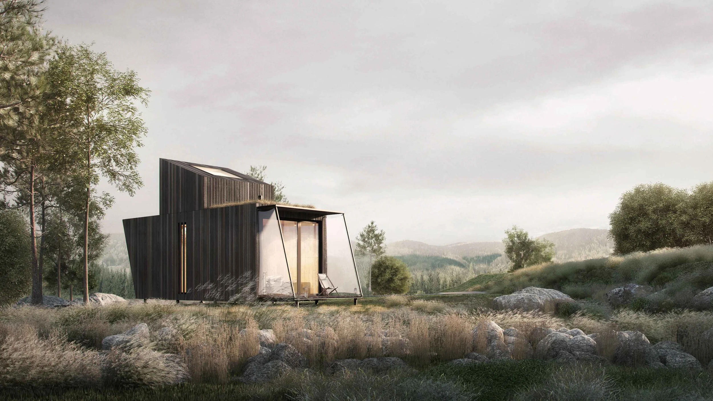 3D-Rendering eines modernen Modulhauses mit dunkler Holzfassade, großer Glasfront, Gründach.