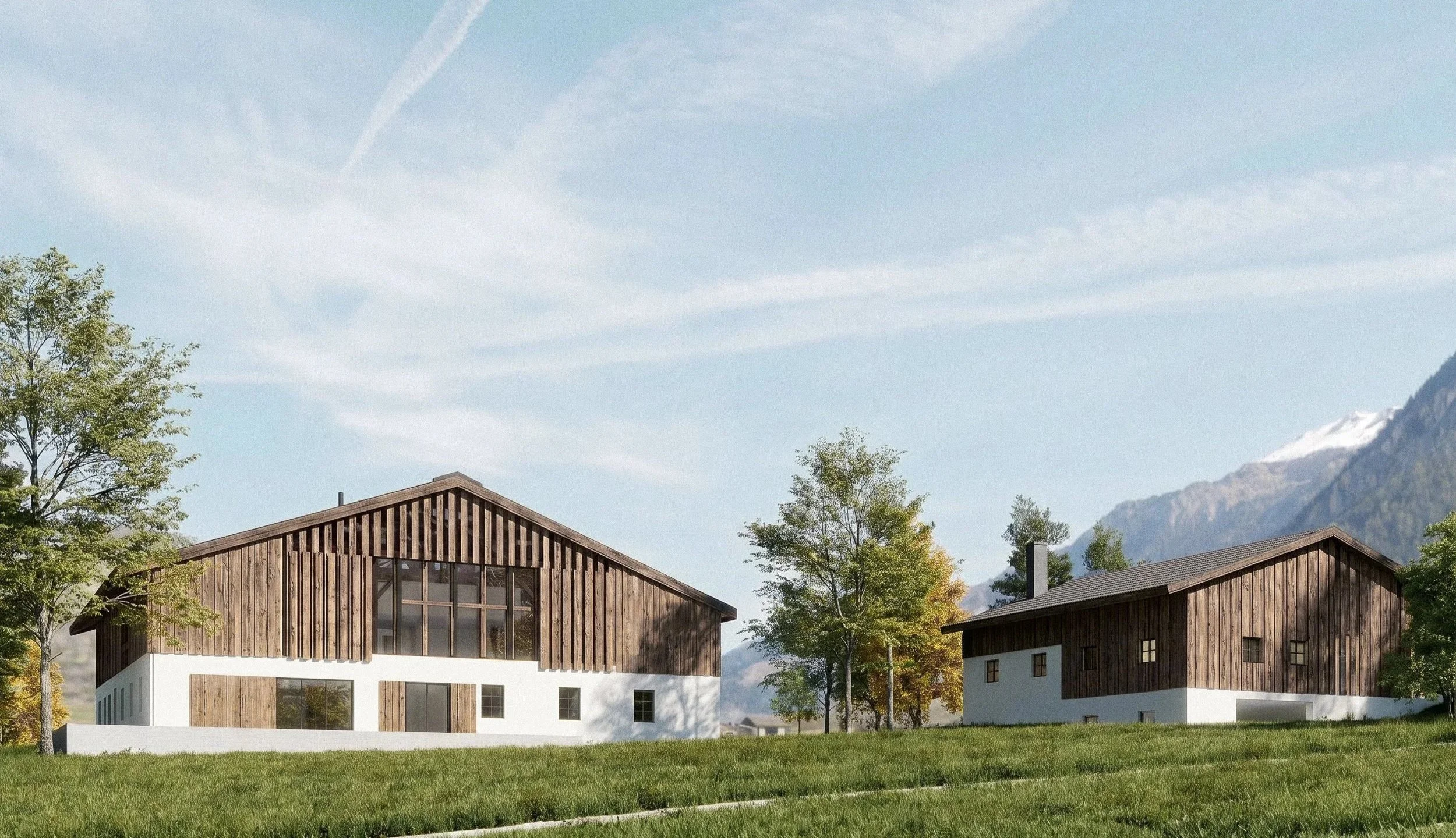 3D-Visualisierung eines sanierten Einfirsthofs mit neu gebautem Nebengebäude – mit dunklen Holzfassaden, weißem Sockel und großen Glasfronten vor einer Bergkulisse.
