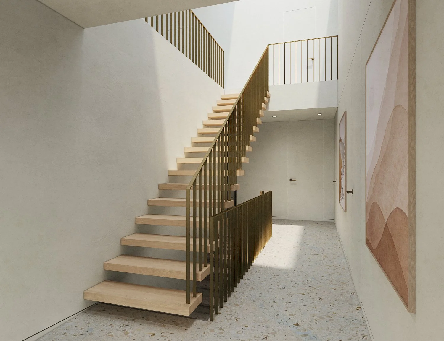 Innenarchitektur-Rendering einer modernen Treppe mit warmen Holztönen auf einem hochwertigen Terrazzo­boden.