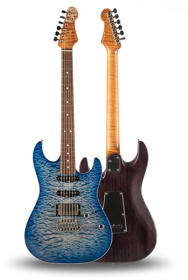 Two electric guitars with different designs and finishes stand side by side against a white background.