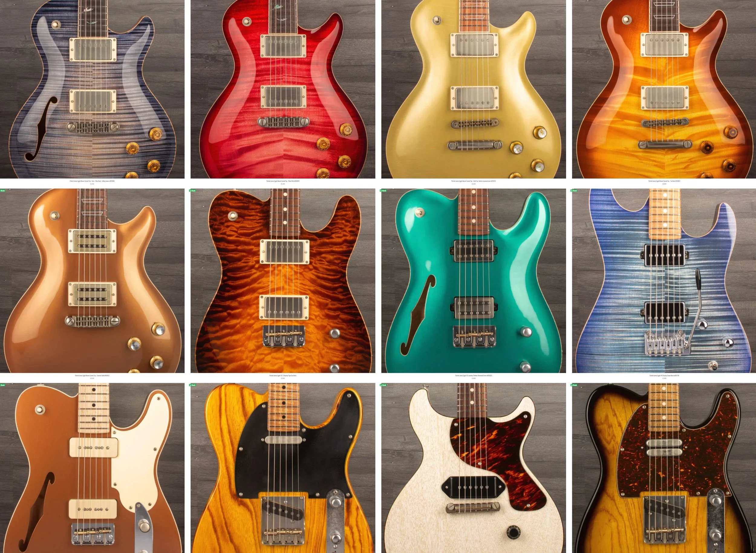 A collection of twelve electric guitars with various colors and finishes, arranged in a grid on a wooden background.